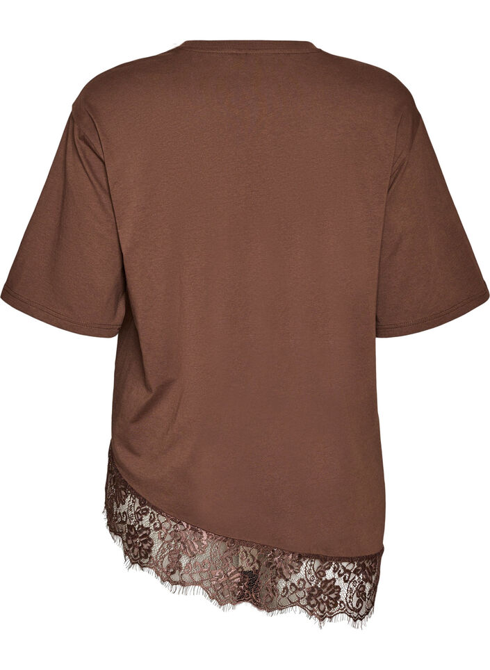T-shirt with asymmetric lace hem, Brown, Packshot image number 1