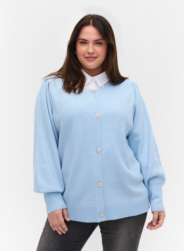 Knitted cardigan with puffy sleeves, Chambray Blue Mel., Model image number 0