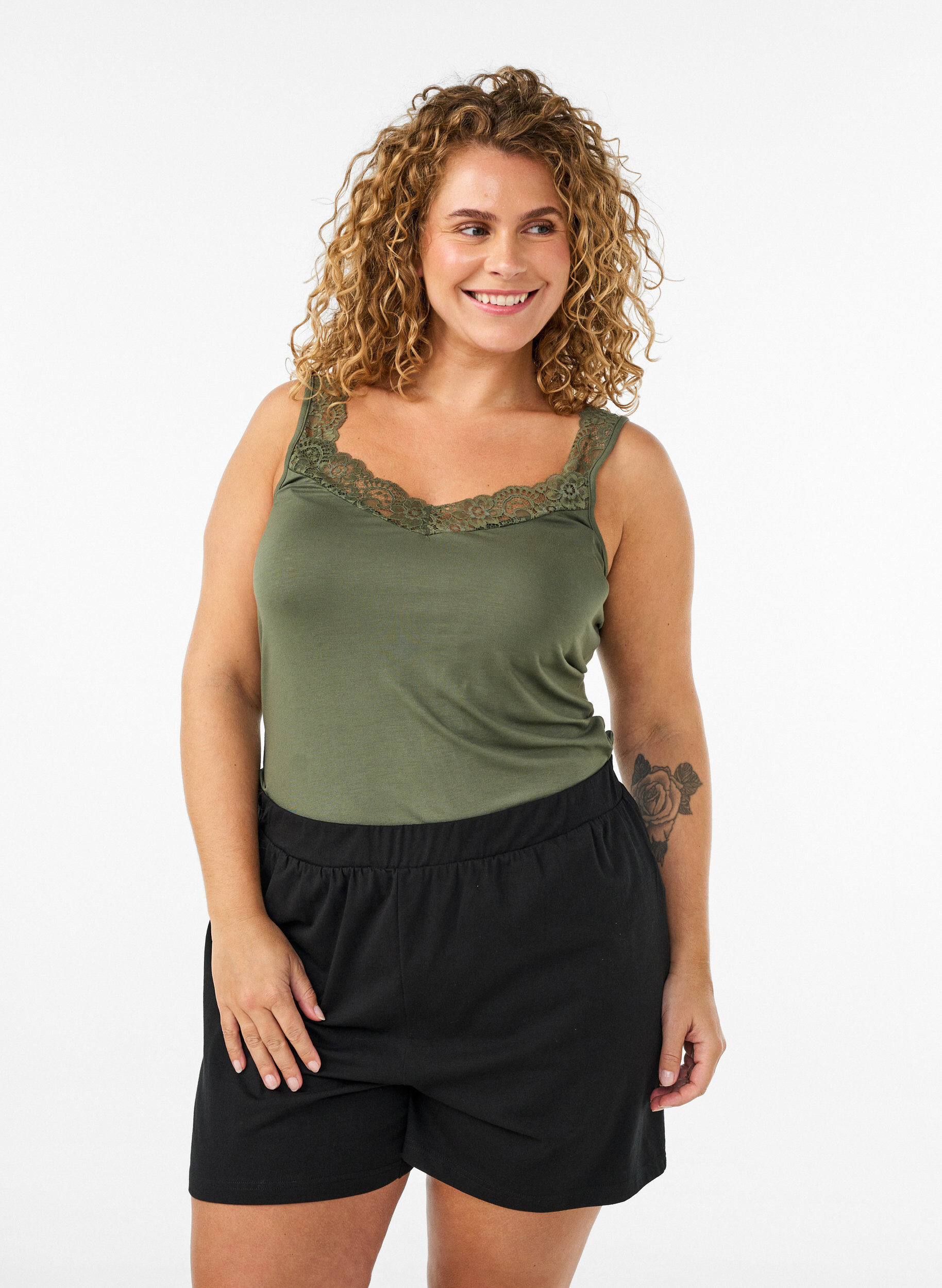 ZizzifashionViscose top with lace edge, Green, Model image number 0