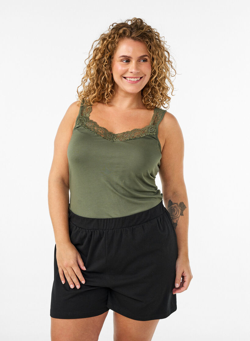 Viscose top with lace edge, Green, Model image number 0