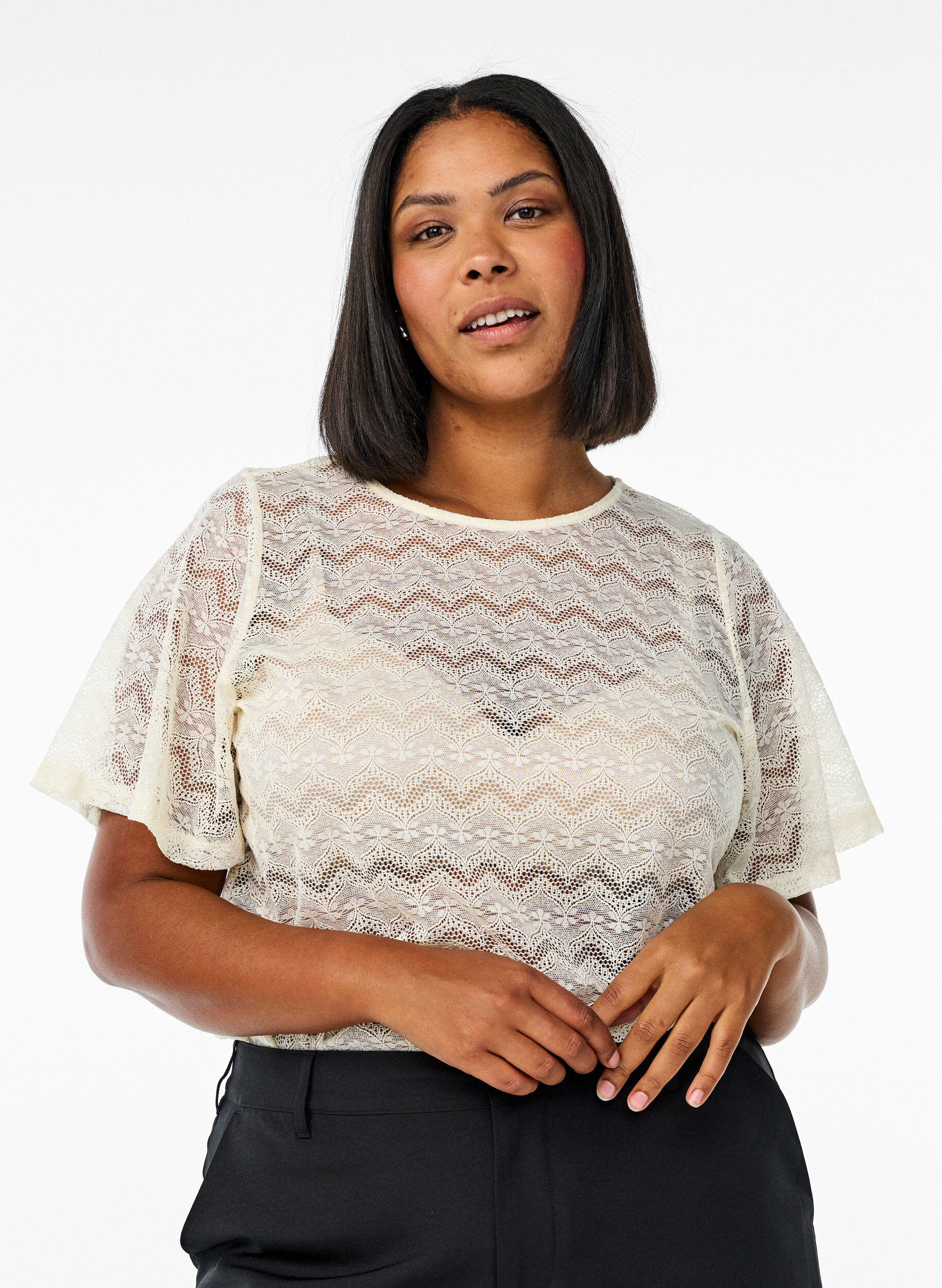Lace blouse with short sleeves and scalloped hem, Vanilla, Model