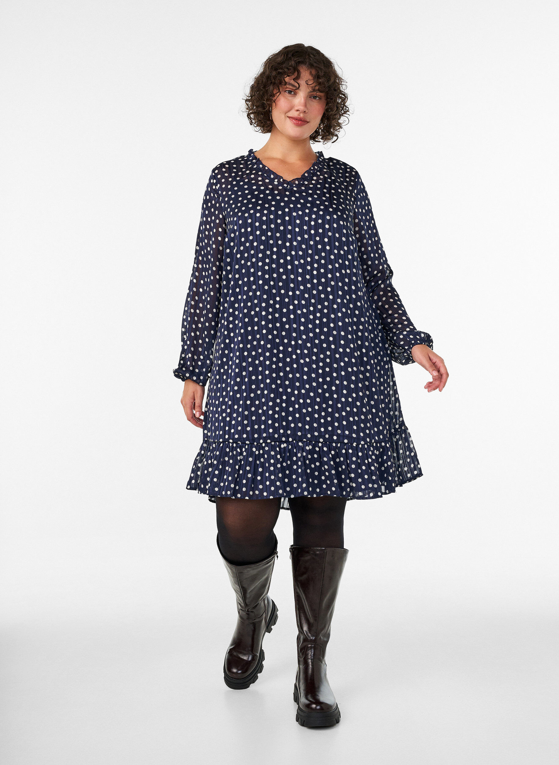 ZizzifashionPatterned dress with ruffles and long sleeves, Blue, Model image number 1