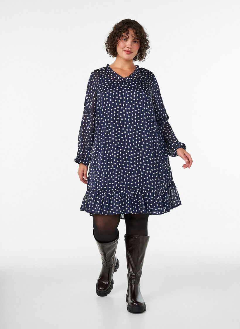 Patterned dress with ruffles and long sleeves, Blue, Model image number 1