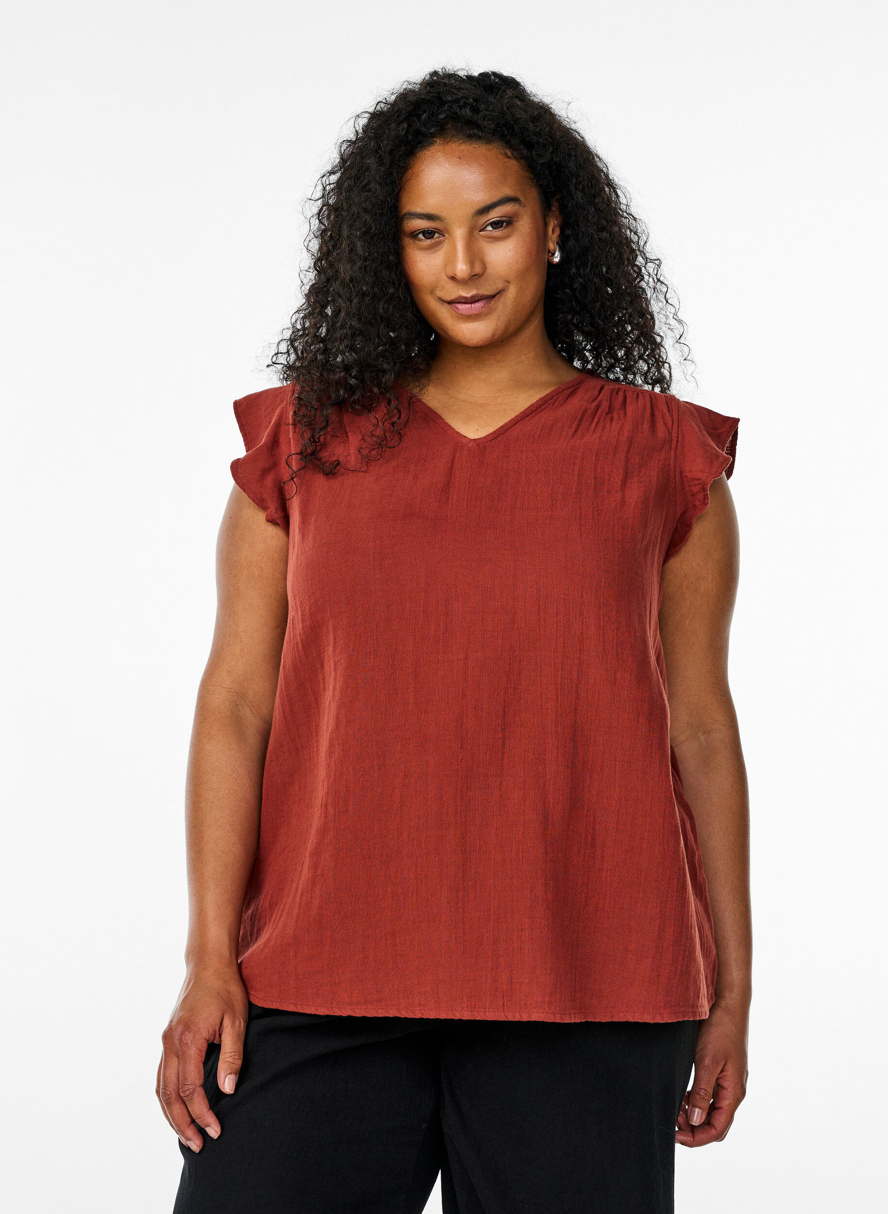 Sleeveless top in cotton muslin with ruffles, Red, Model