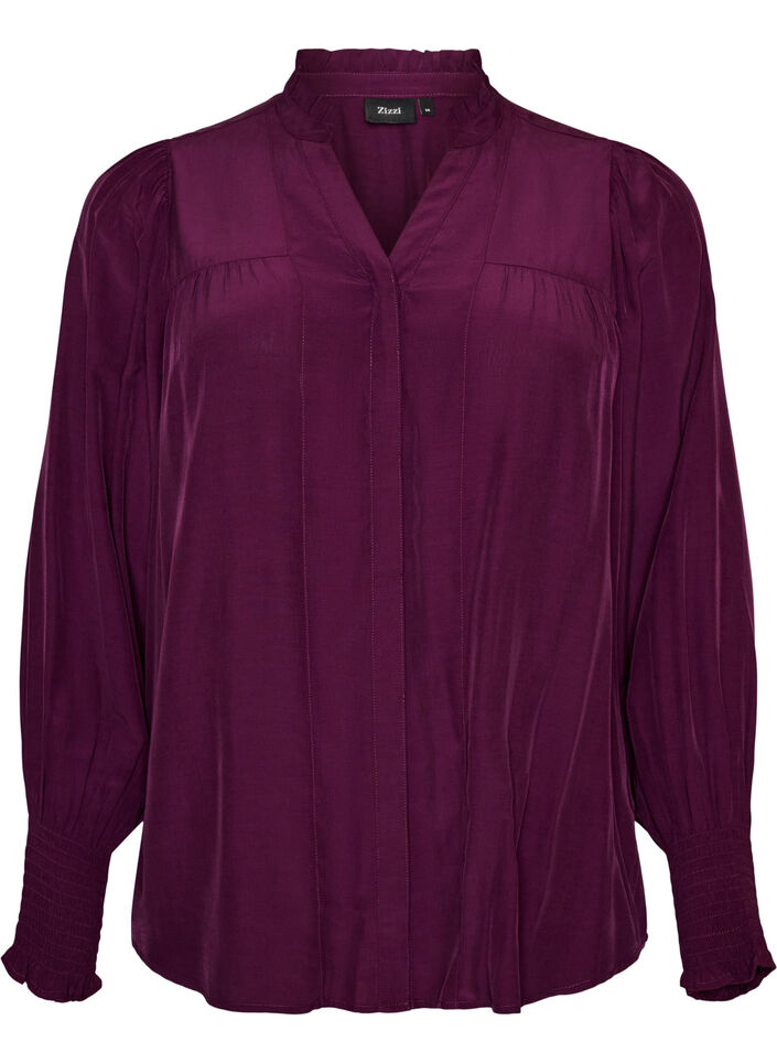 Blouse with ruffle collar and ruching, Purple, Packshot image number 0