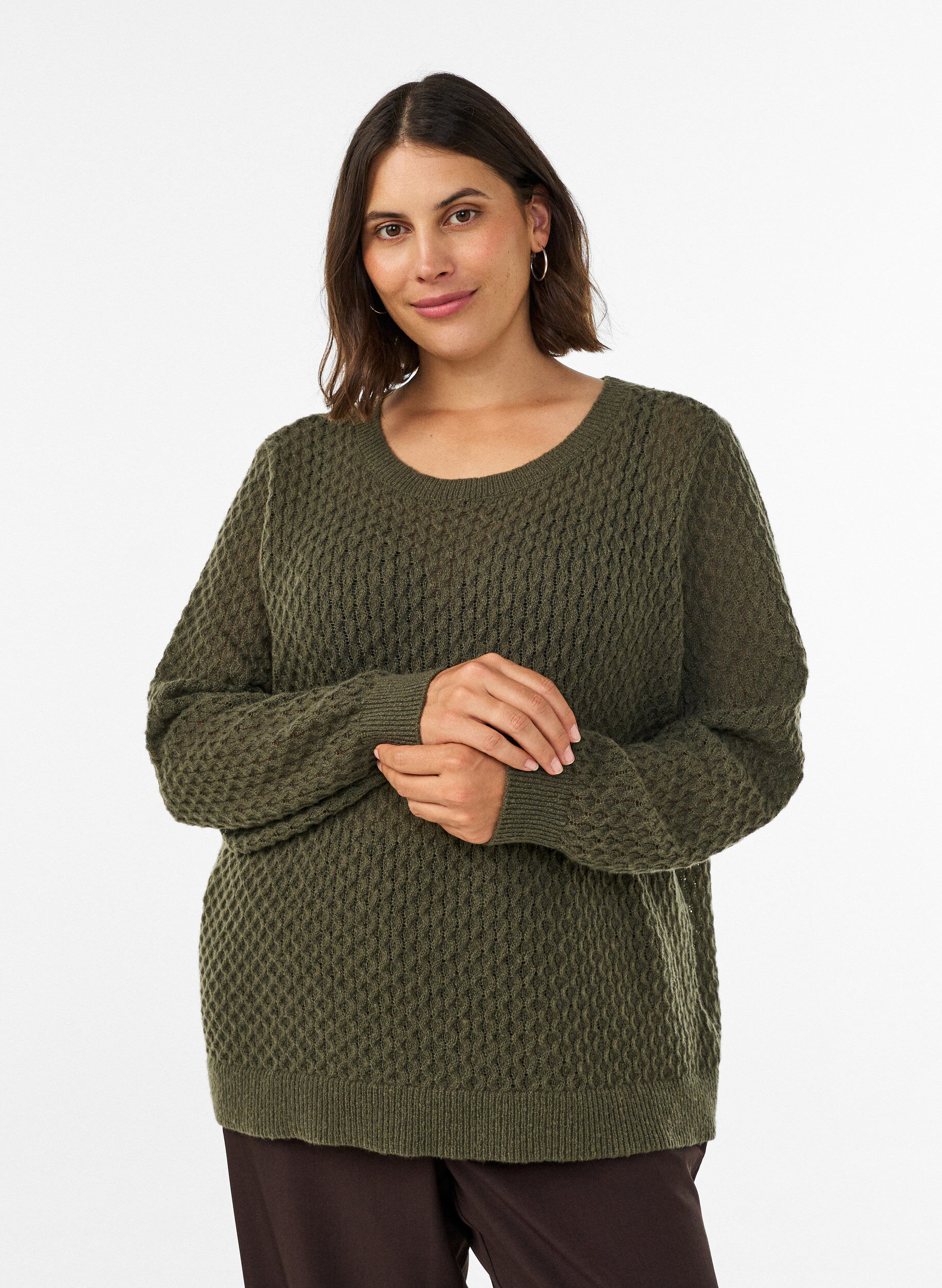 ZizzifashionKnitted blouse with a textured openwork pattern, Green, Model image number 0