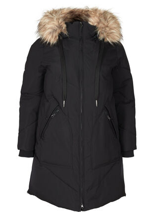 Winter coat with a hood and faux fur trim , Black, Packshot image number 0