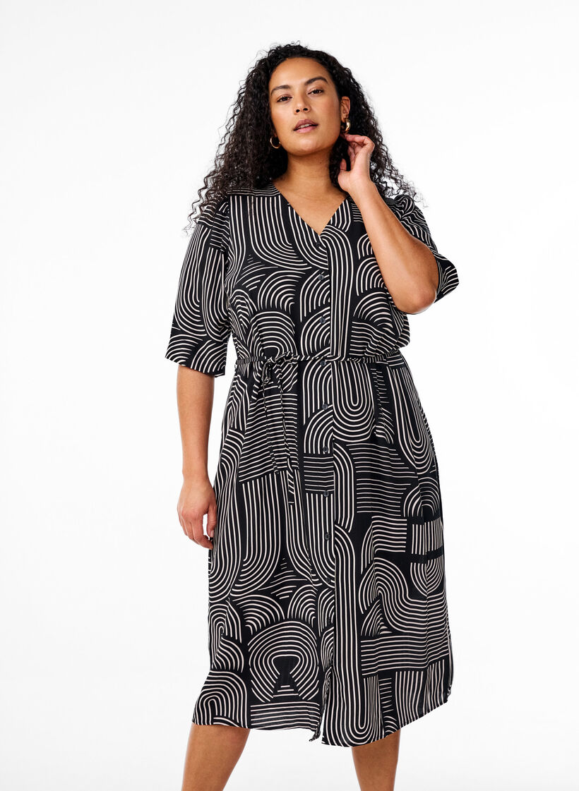 Midi dress with print and tie belt, Black, Model image number 0