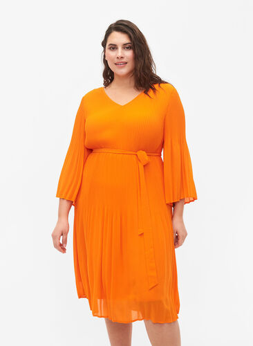 Pleated dress with 3/4 sleeves, Exuberance, Model image number 0