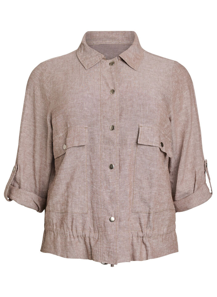 Linen and viscose shirt blouse with an adjustable waist, Brown, Packshot image number 0