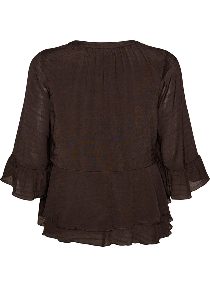 Blouse with 3/4-sleeves and ruffle details, Brown, Packshot image number 1
