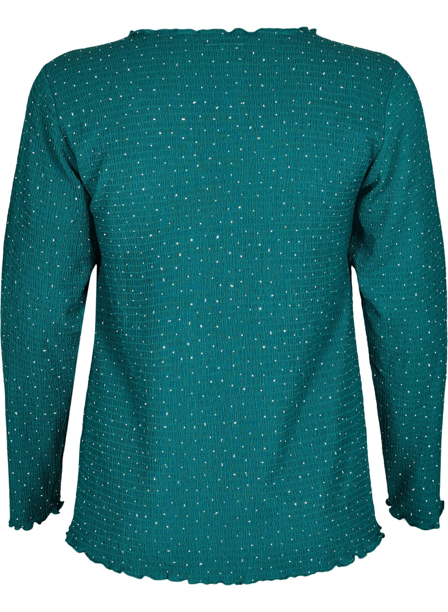 Zizzifashion Long-sleeved blouse with rhinestones, Green, Packshot image number 1
