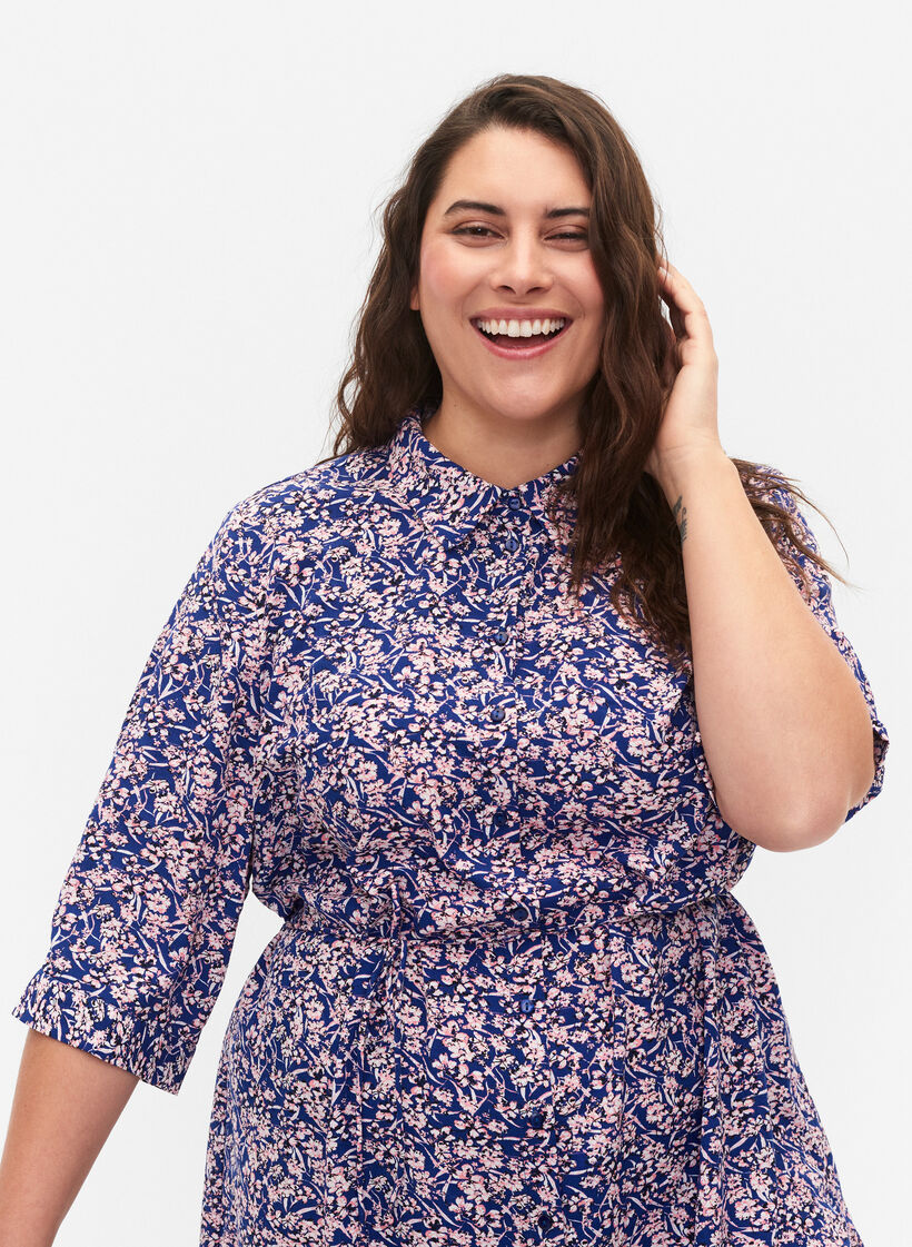 FLASH - Shirt dress with floral print, Strong Blue Flower, Model image number 2