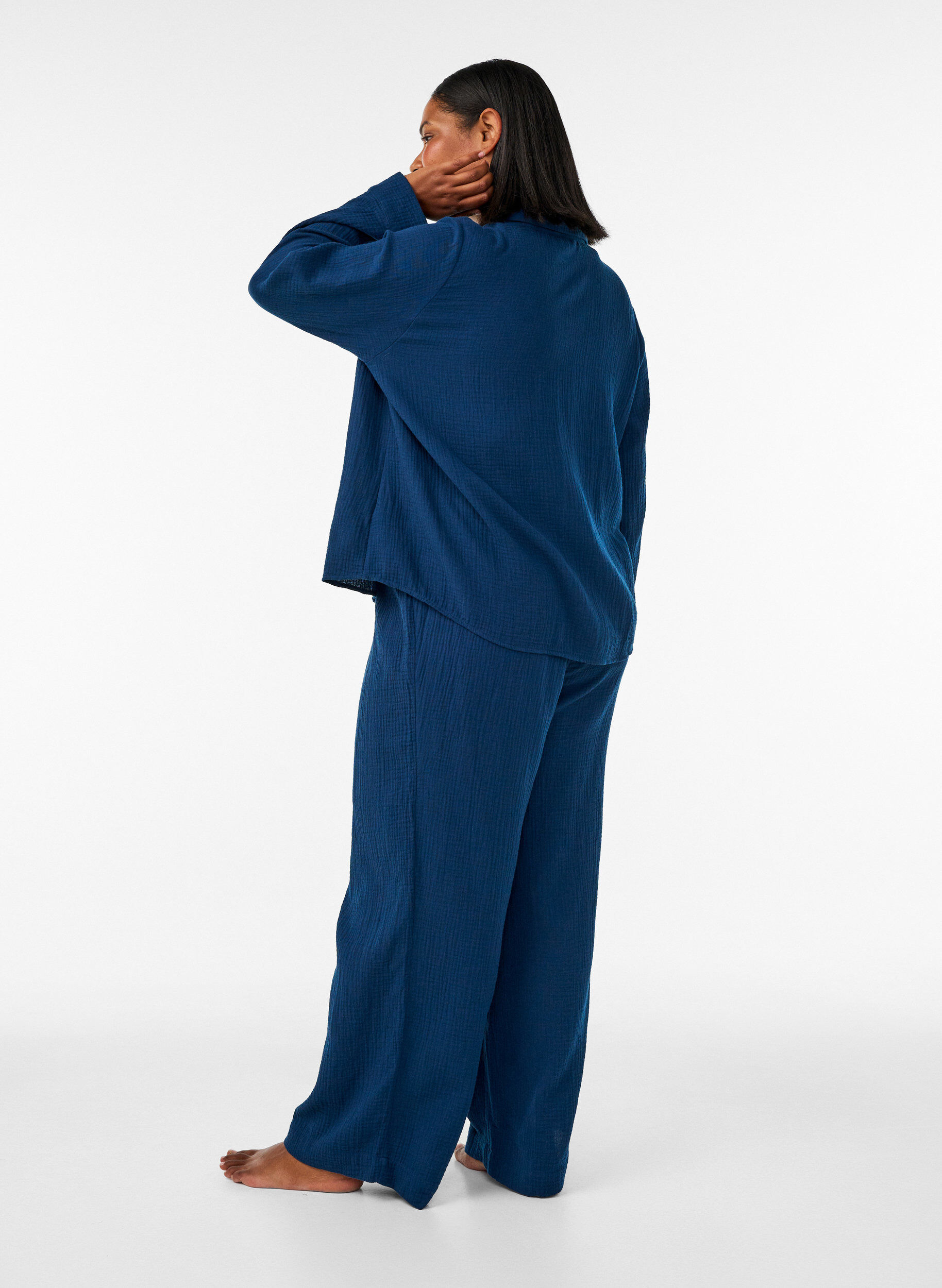 ZizzifashionLoose cotton muslin pyjama bottoms, Blue, Model image number 1