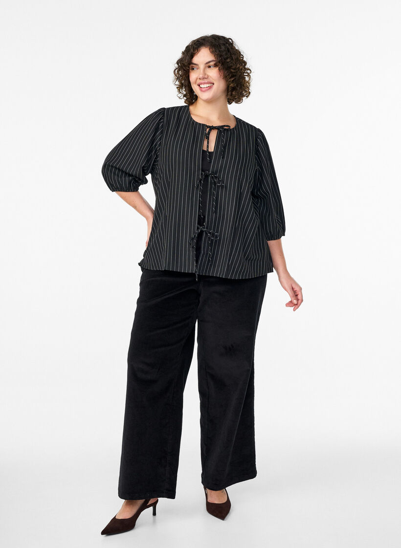 Blouse with pinstripes and tie strings, Black, Model image number 1