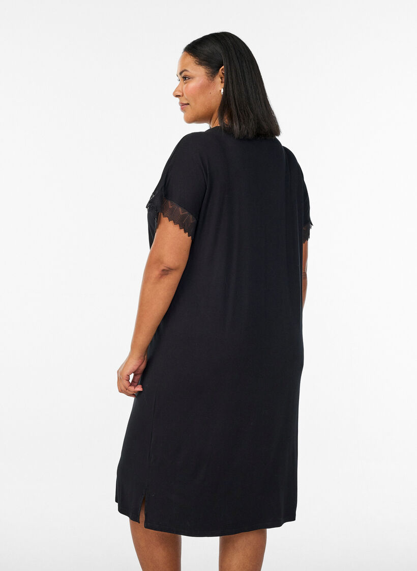 Viscose nightgown with short sleeves and lace trim, Black, Model image number 2