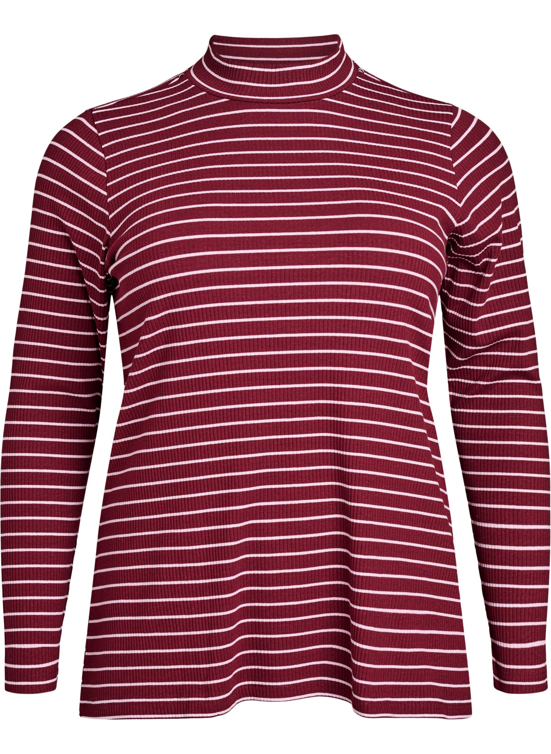 Striped ribbed jersey blouse with a high neck