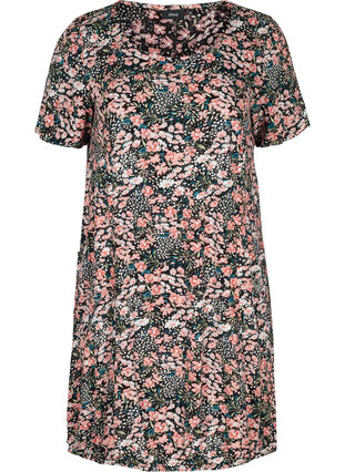 Short-sleeved viscose dress with print, Black/Coral Flower, Packshot image number 0