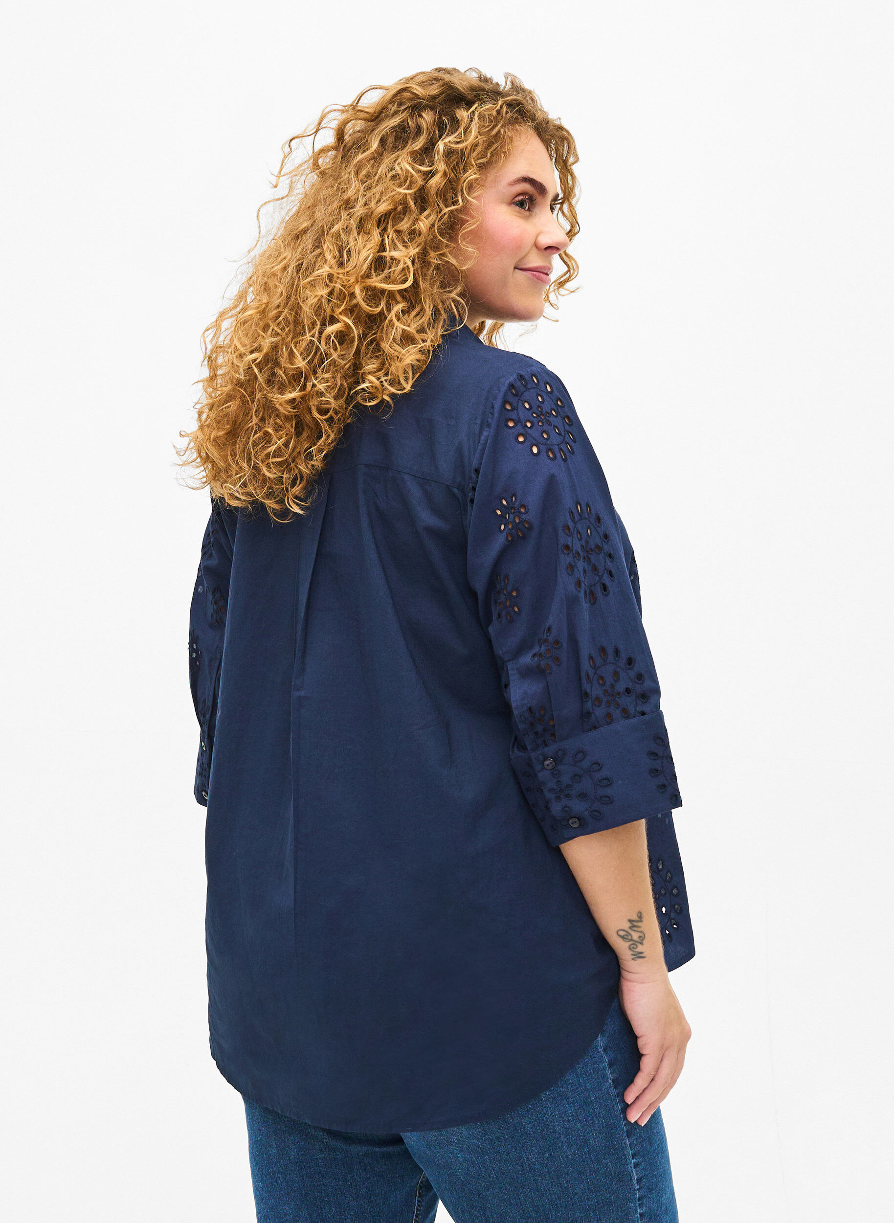 Zizzifashion Shirt blouse with embroidery anglaise and 3/4 sleeves, Navy Blazer, Model image number 1