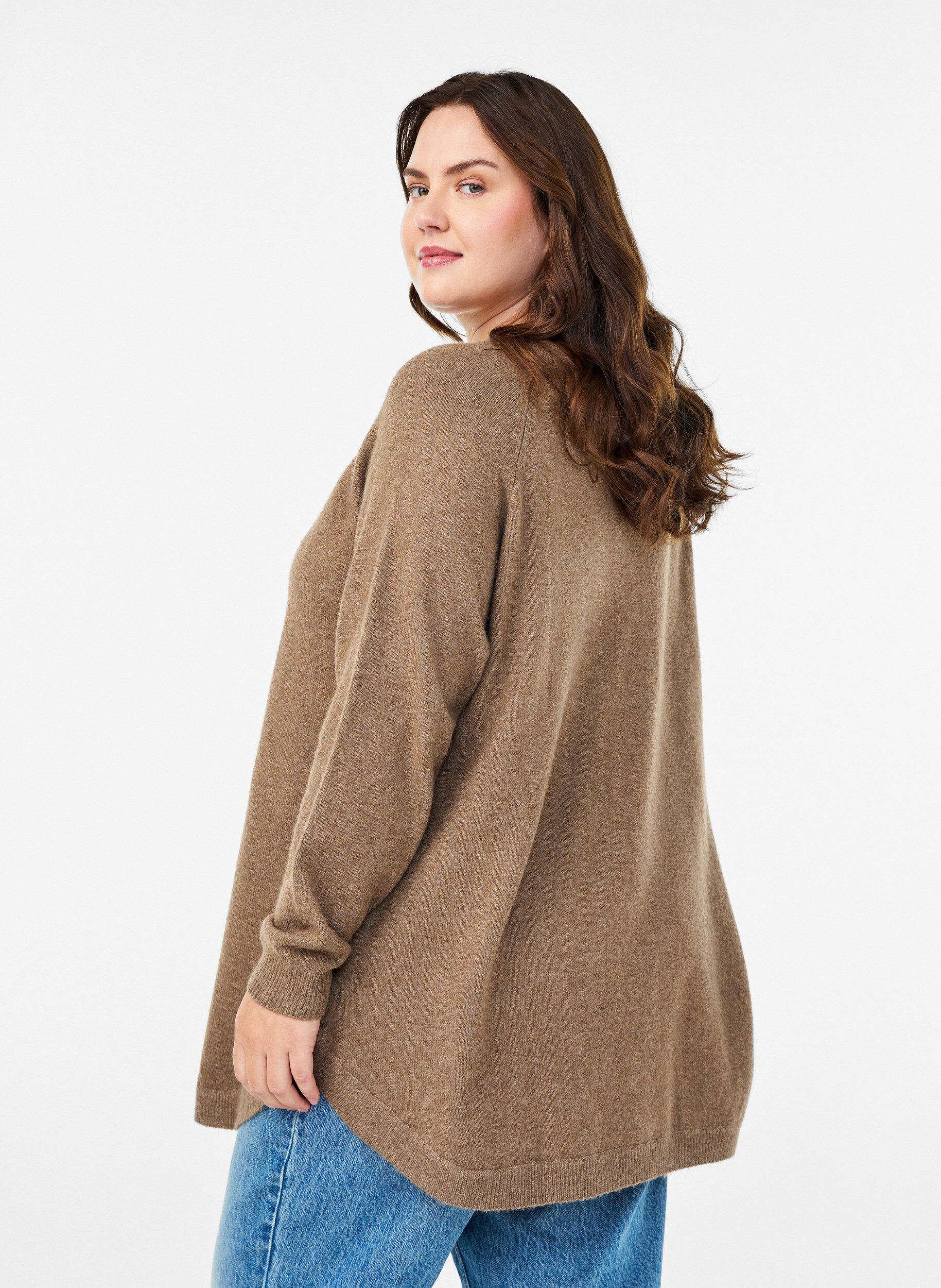 ZizzifashionLong knitted blouse with ball buttons, Brown, Model image number 2