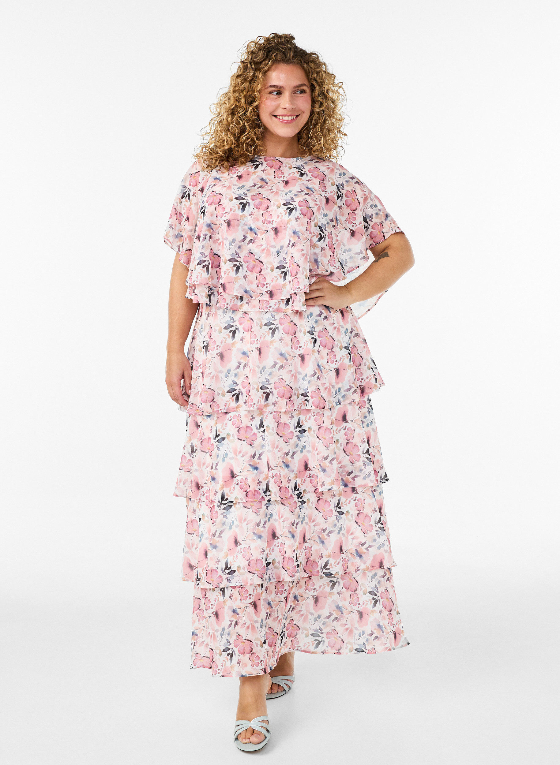 Zizzifashion Maxi dress with ruffle layers and detachable cape, White, Model image number 0