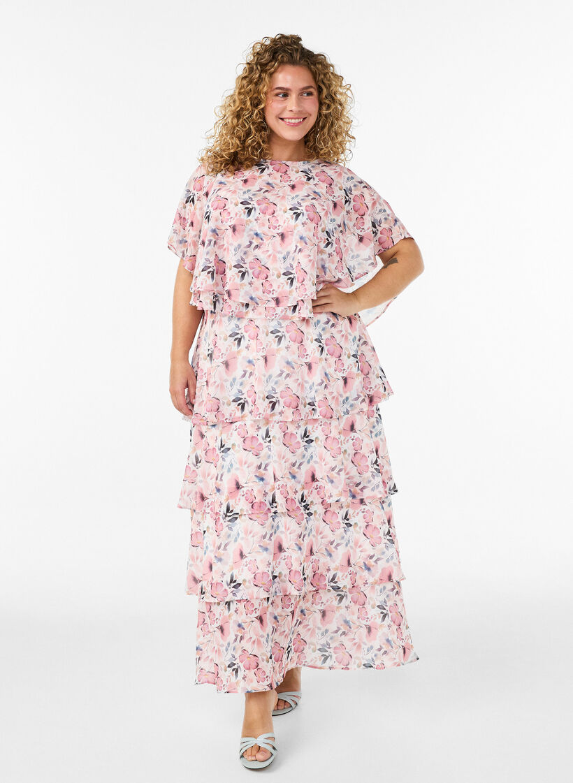Maxi dress with ruffle layers and detachable cape, White, Model image number 0