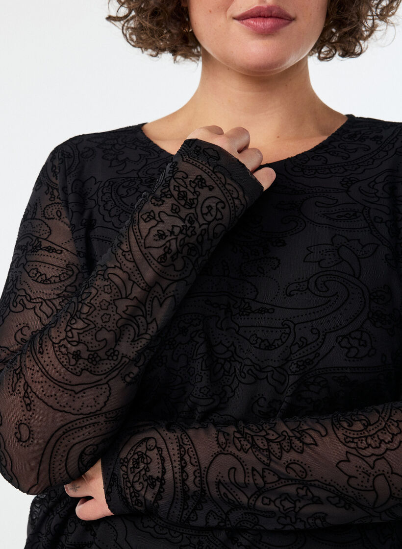 Mesh blouse with paisley print and asymmetrical hem, Black, Model image number 3