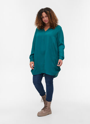 Long-sleeved v-neck viscose tunic, Pacific, Model image number 2