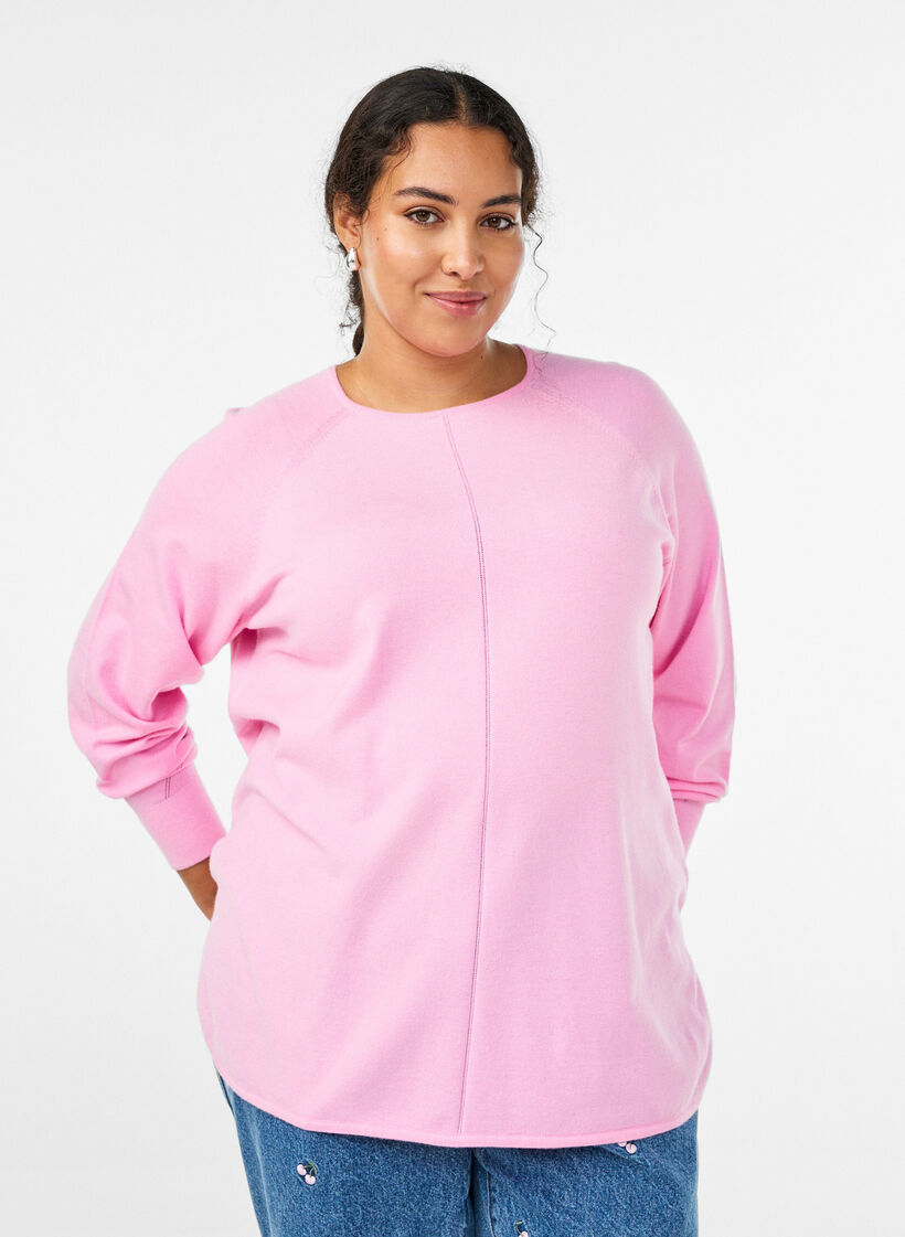 Knit blouse with round neck and knitted pattern, Pink, Model image number 0