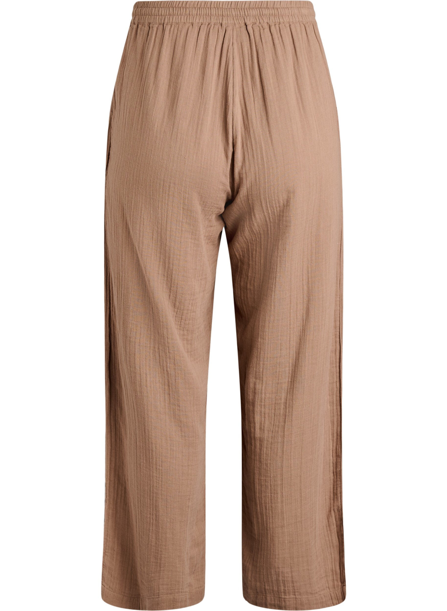 Zizzifashion High-waisted cotton muslin trousers with loose legs, Brown, Packshot image number 1