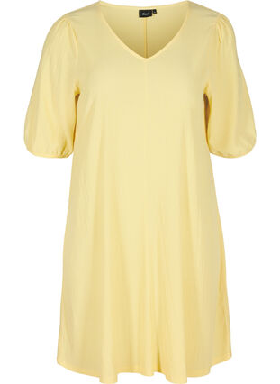 Dress with puff sleeves and V-neck, Mellow Yellow, Packshot image number 0