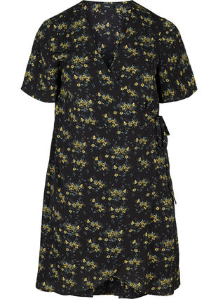 Short-sleeved wrap dress, Black Yellow AOP, Packshot image number 0