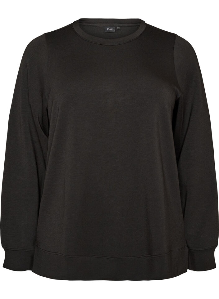 Long-sleeved jersey blouse with a round neck, Black, Packshot image number 0
