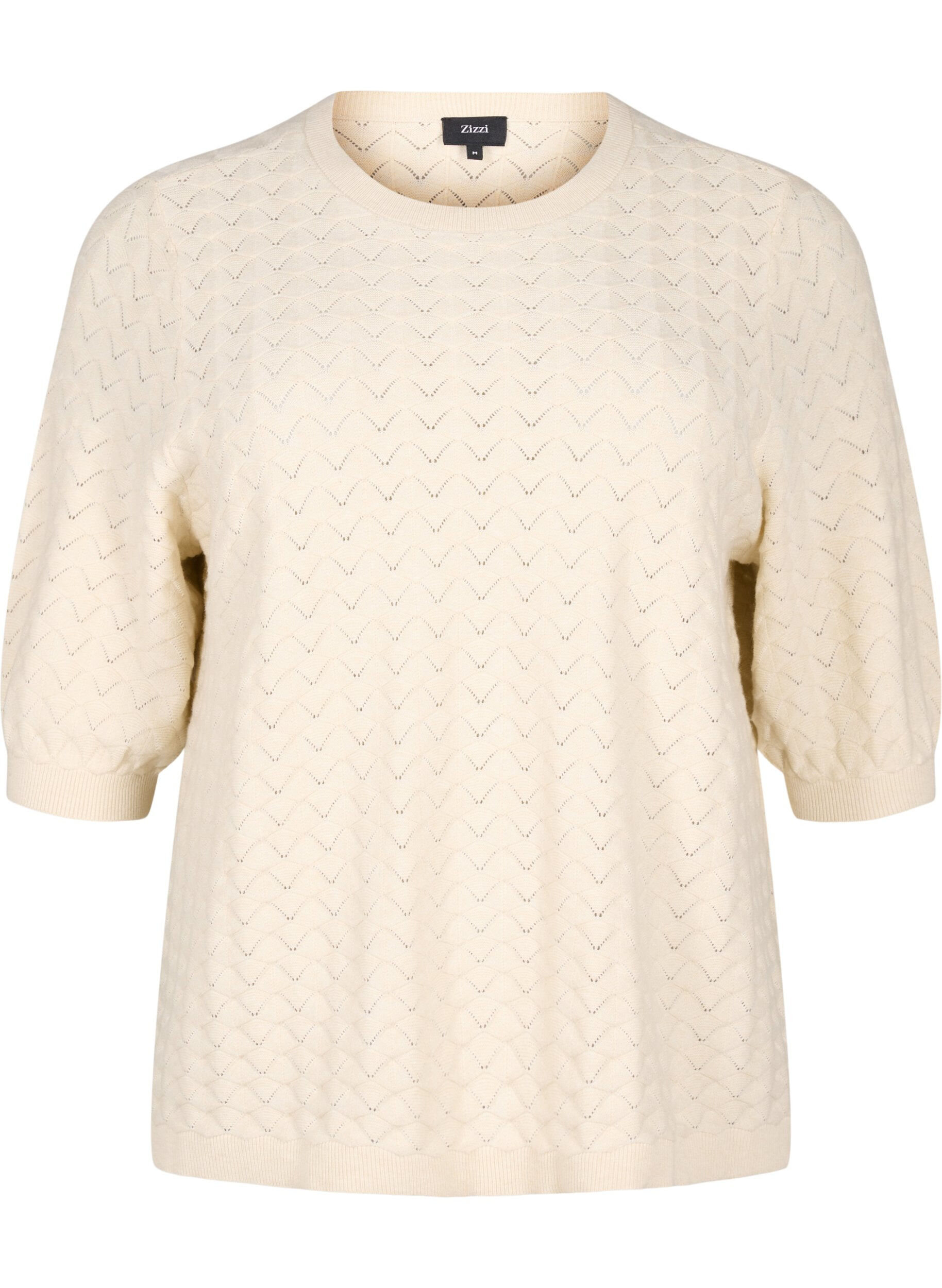 Zizzifashion Knitted blouse with openwork pattern and short sleeves, Birch Mel., Packshot image number 0