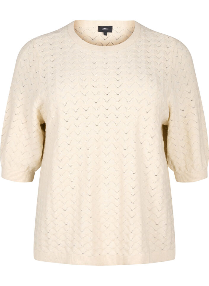 Knitted blouse with openwork pattern and short sleeves, Birch Mel., Packshot image number 0