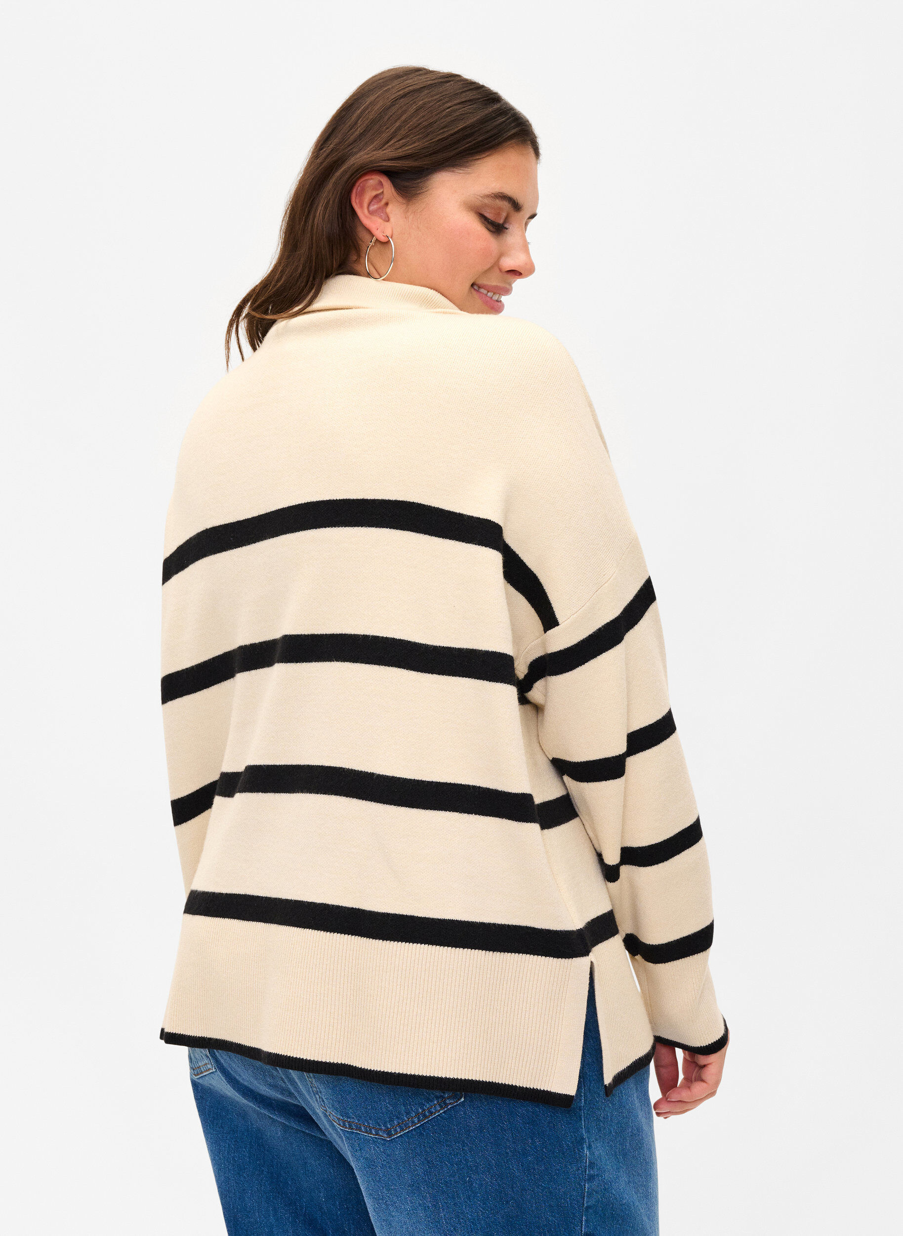 Zizzifashion Pullover with stripes and high collar	, Birch w. Black, Model image number 1