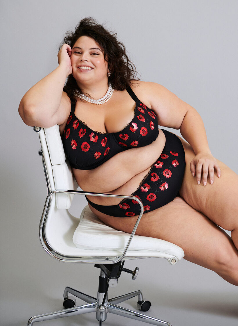 Microfibre thong with floral embroidery, Black, Image image number 0