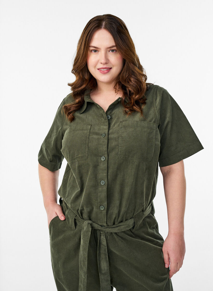 Corduroy jumpsuit with straight legs, Green, Model image number 2
