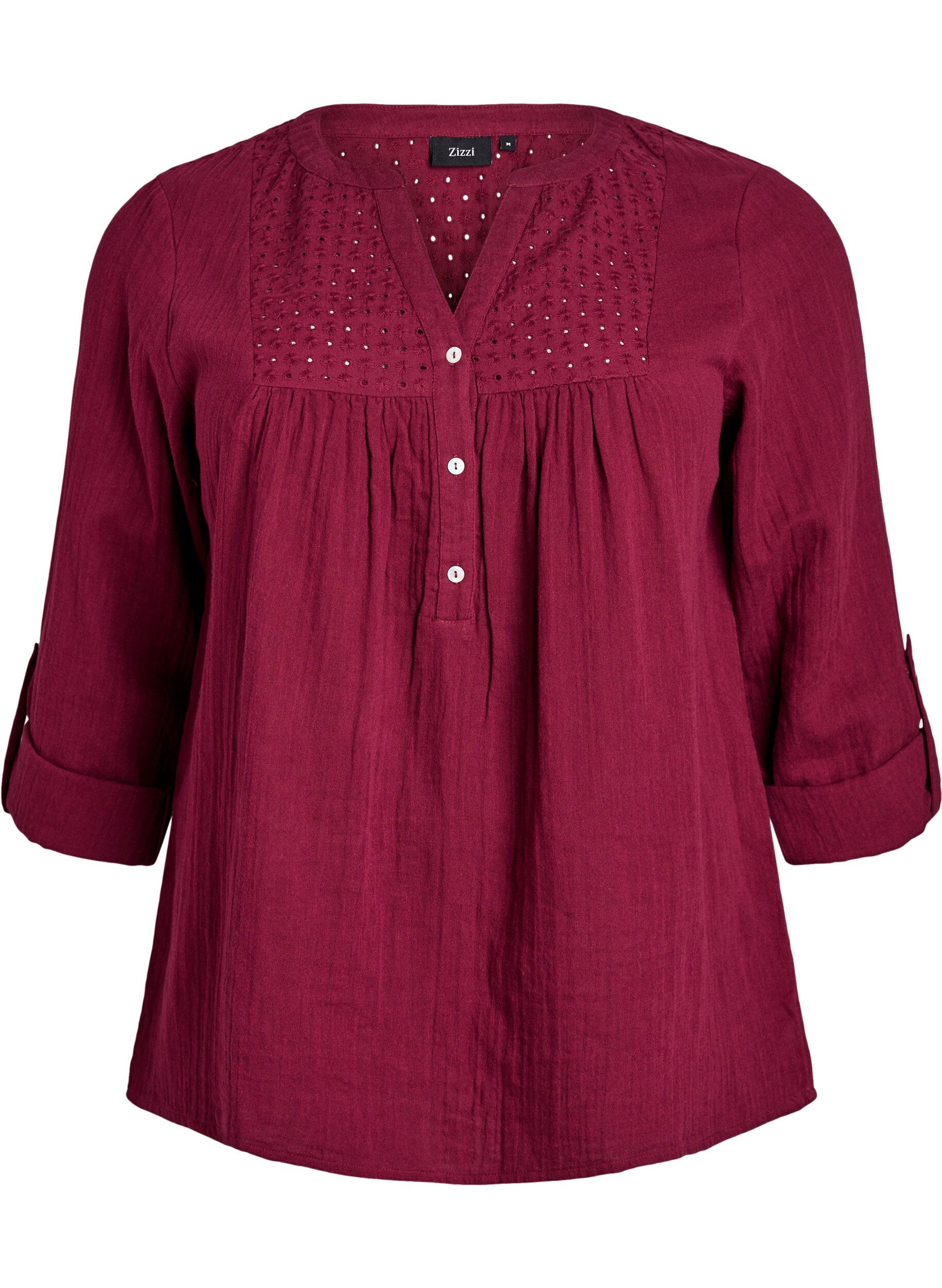 ZizzifashionBlouse in cotton muslin with broderie anglaise, Dark Bordeaux, Packshot image number 0