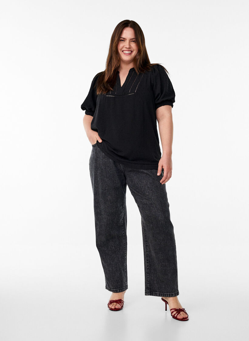 Blouse with short puff sleeves and dotted texture, Black, Model image number 2