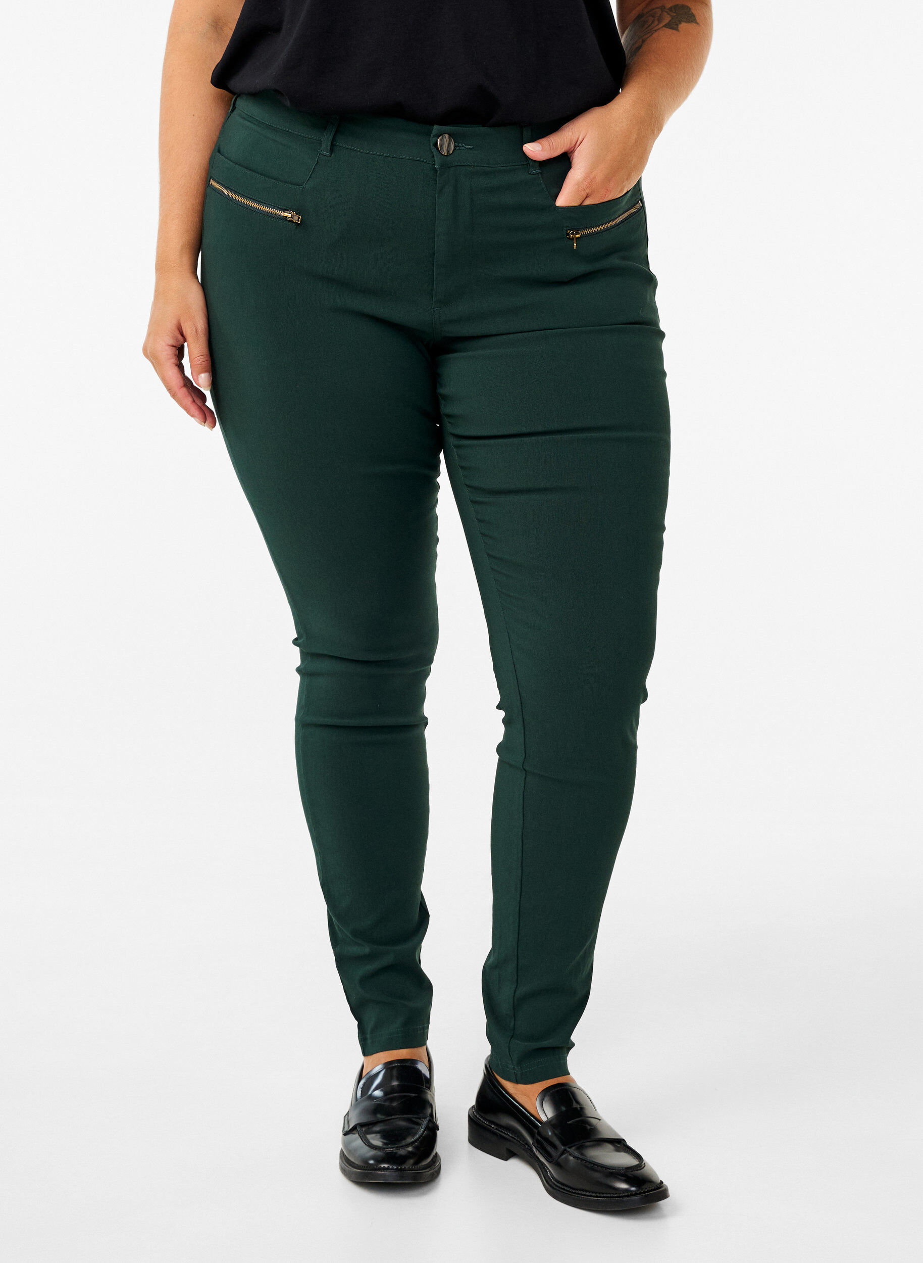 Zizzifashion Tight-fitting trousers with zip details, Green, Model image number 2