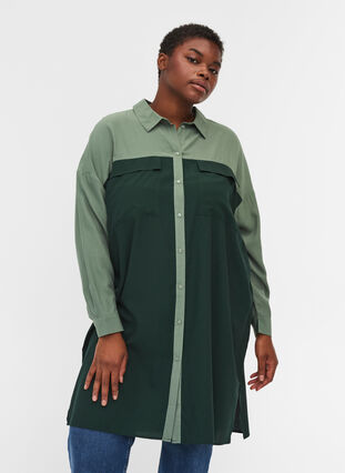 Long-sleeved shirt dress with chest pockets, Scarab/Laurel Wreath, Model image number 0