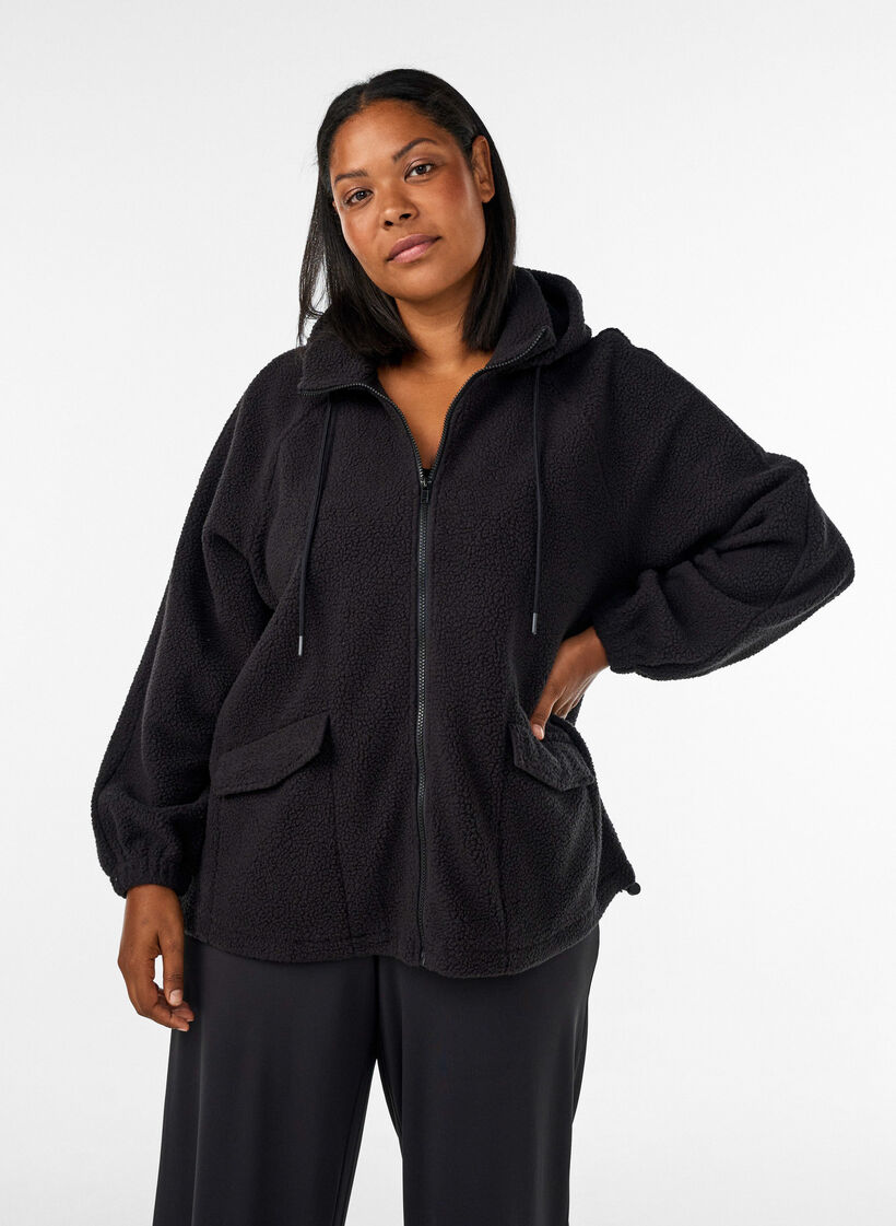 Teddy jacket with a hood and zipper, Black, Model image number 0