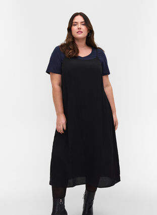 Viscose midi dress with thin straps, Black, Model image number 0