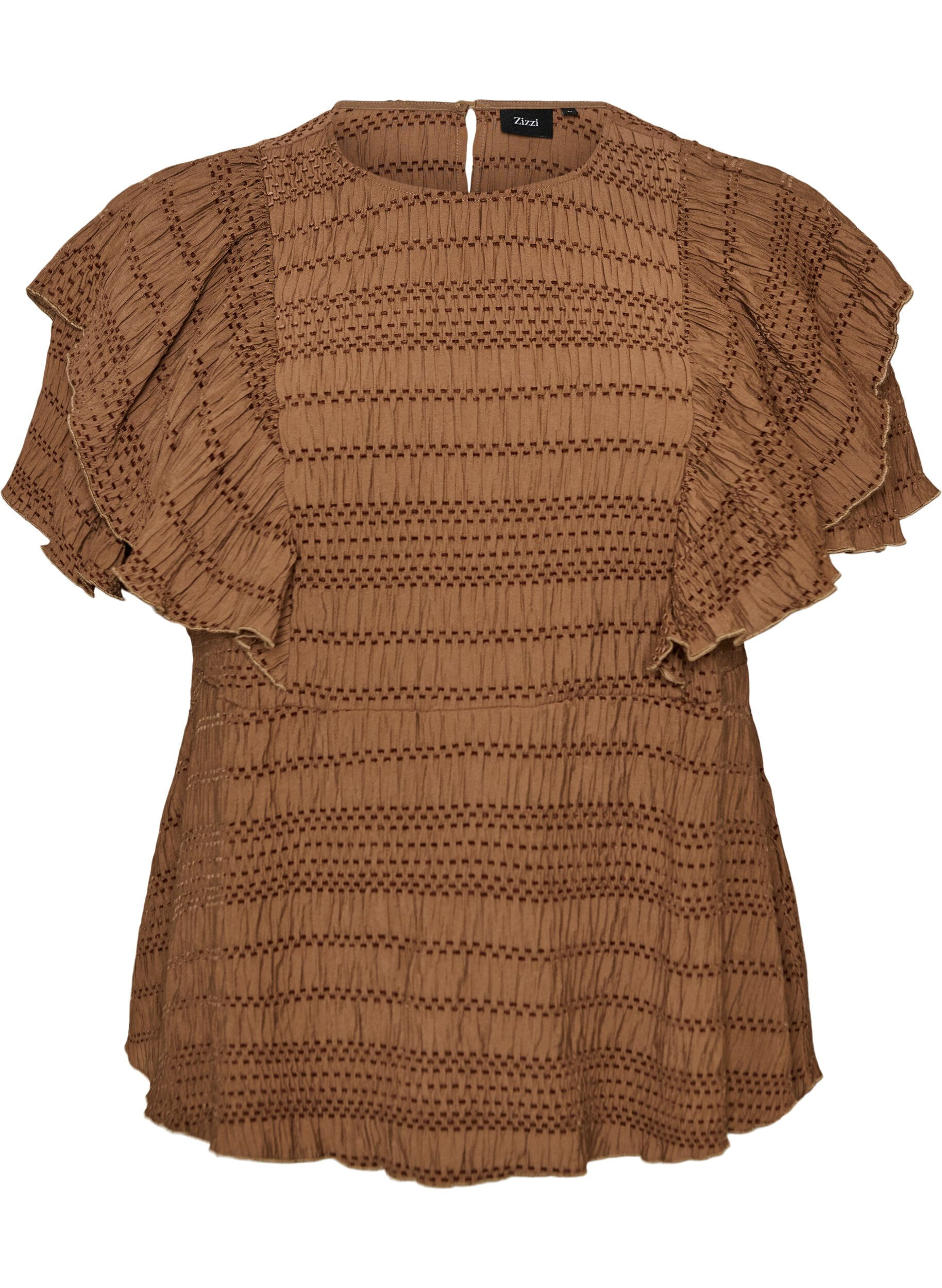 Zizzifashion Blouse with smocked texture and ruffle sleeves, Brown, Packshot image number 0