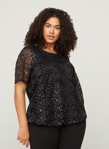 Short-sleeved lace blouse with sequins, Black, Model image number 0