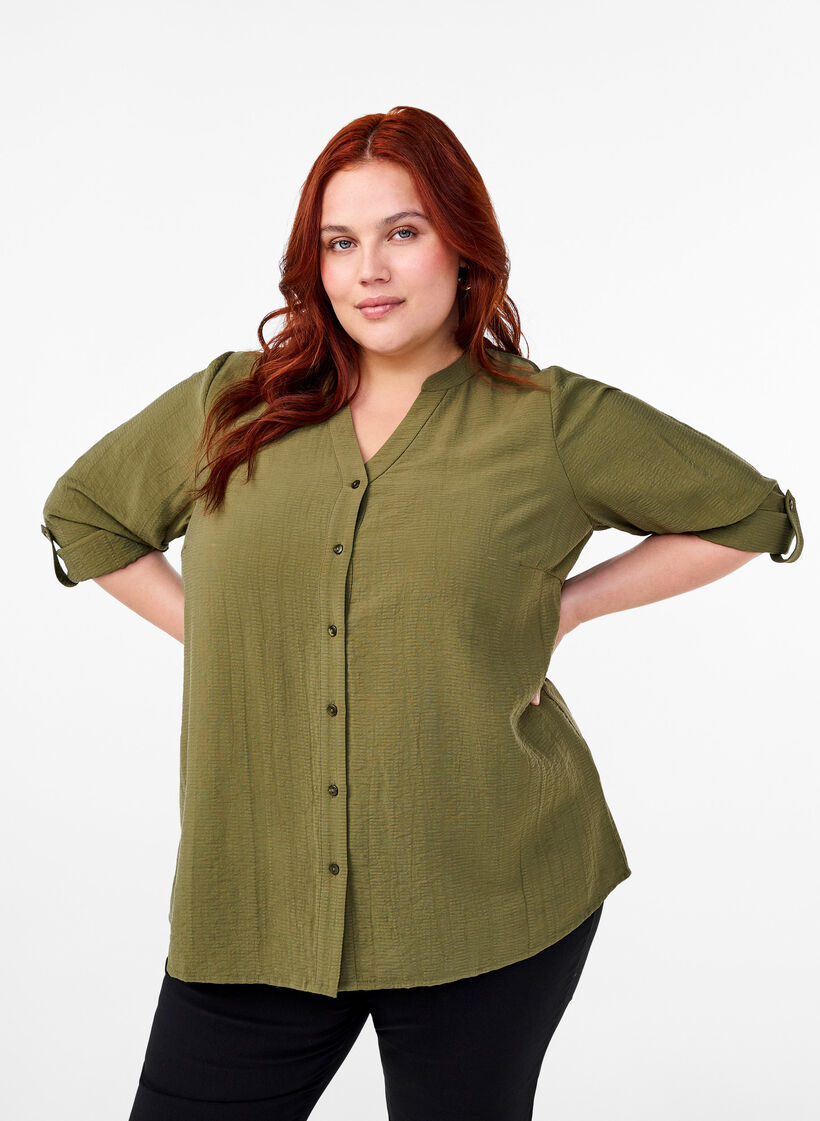 Viscose shirt blouse with 3/4 sleeves, Winter Moss, Model image number 0