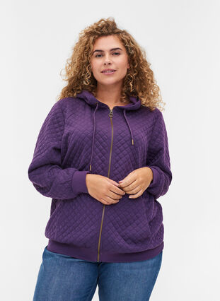 Sweater cardigan with a hood a zip, Loganberry, Model image number 0
