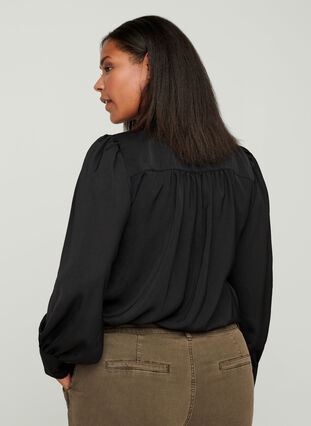 Shirt with light puff sleeves and a bow detail, Black, Model image number 1