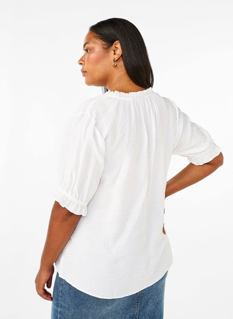 Short-sleeved viscose blouse with ruffle details, Bright White, Model image number 1